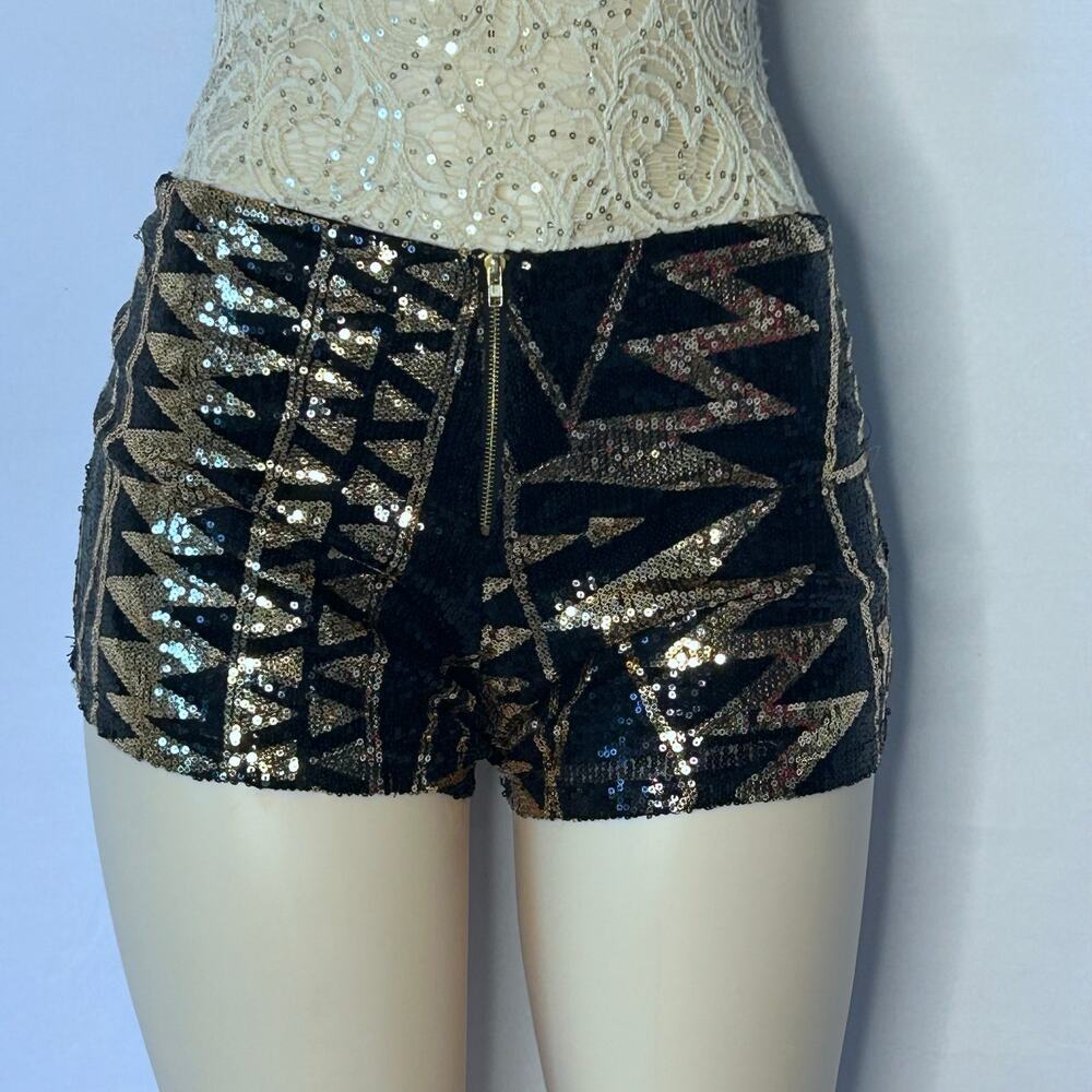 Crystal K Black Gold Sequin Geometric Party Shorts Medium
